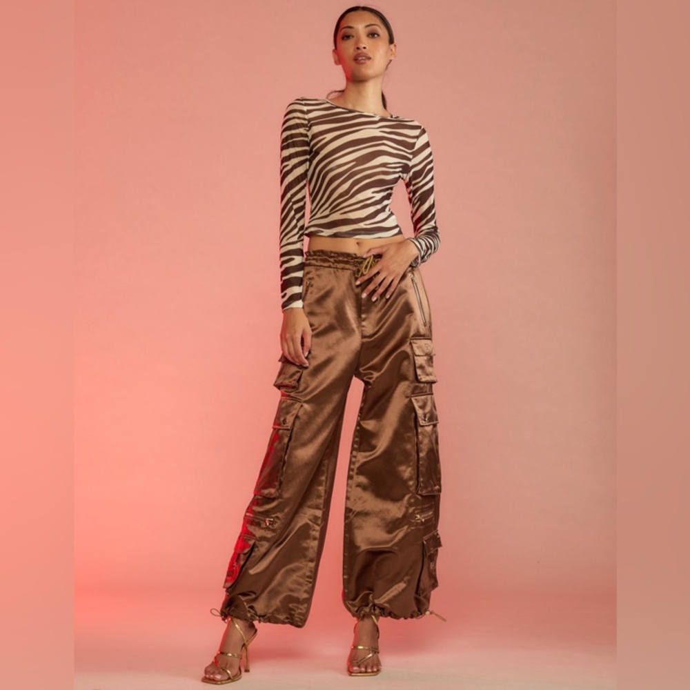 Cynthia Rowley Chocolate Satin Cargo Wide Leg Pants